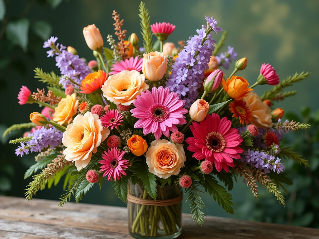 Surprise flower arrangement with mixed seasonal blooms