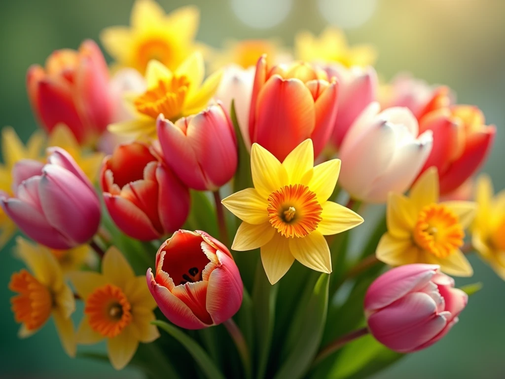 Spring flower collection with tulips and daffodils