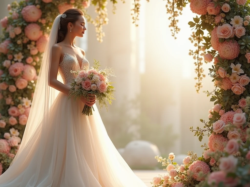 Elegant wedding floral arrangements and bridal bouquet